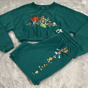 Forever 21 Green Looney Tunes Cropped Sweatshirt and Shorts Set Sz S EUC